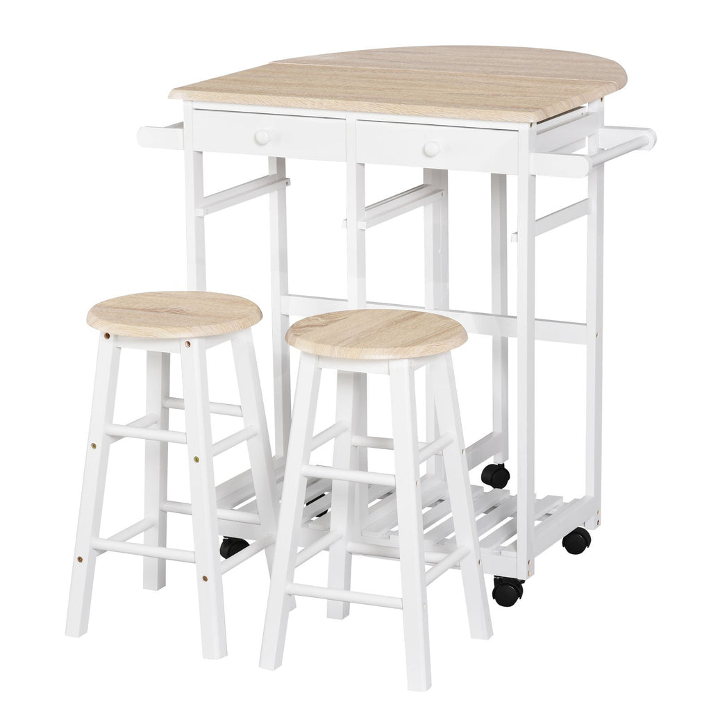 Folding Kitchen Cart with 2 White MDF wooden stools - Borgè