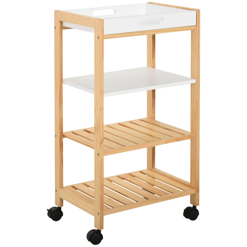 Wooden Trolley on 4 Level Kitchen Trolley in Pine wood and 4 swivel wheels | 40x30x76 cm - Borgè