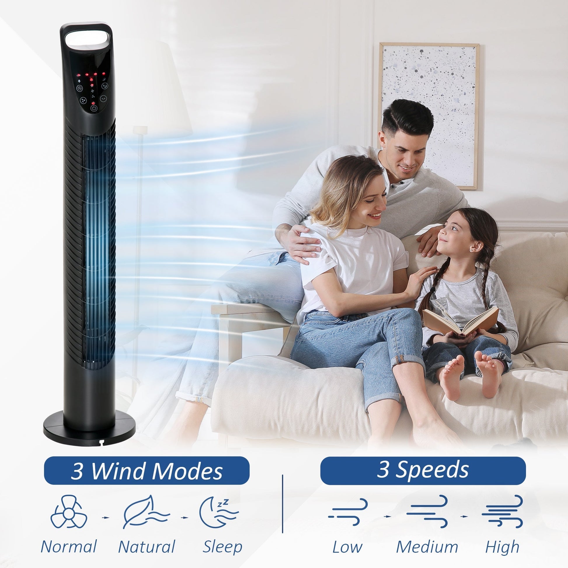 Tower Fan | with remote control 70 ° with 3 modes and 3 speeds, timer 7.5h, 40W black, ф18x78.5cm - Borgè