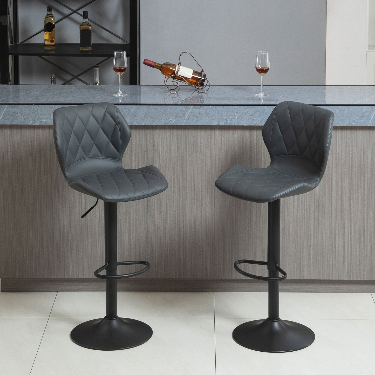 Grey set of 2 high-room bar stools with adjustable height, swivel kitchen stools with back and footrest, 44x50.5x90-110cm - Borgè