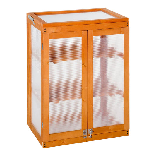 Outsunny mini garden greenhouse with 3 wooden shelves and polycarbonate, 58x44x78cm, orange