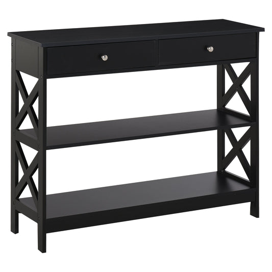 table console with 2 drawers and 2 shelves, entrance hall and living room in mdf, 100x30.5x80cm, black