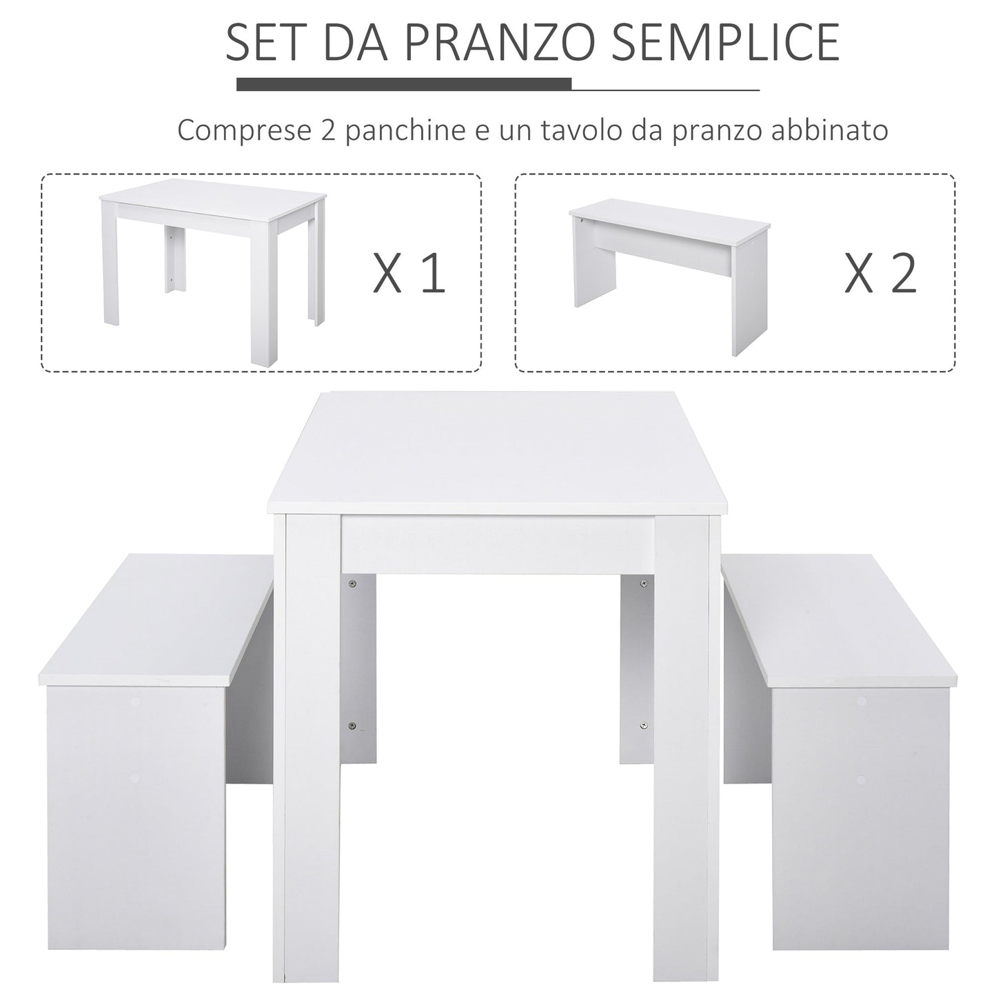 Set dining table with 2 benches in modern white style 110 x 70 x 75cm - Borgè