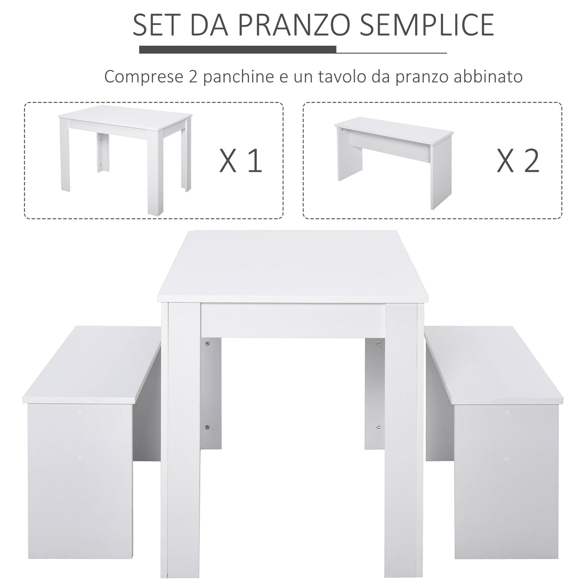 Set dining table with 2 benches in modern white style 110 x 70 x 75cm - Borgè