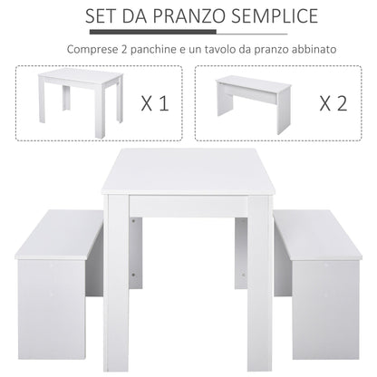 Set dining table with 2 benches in modern white style 110 x 70 x 75cm - Borgè