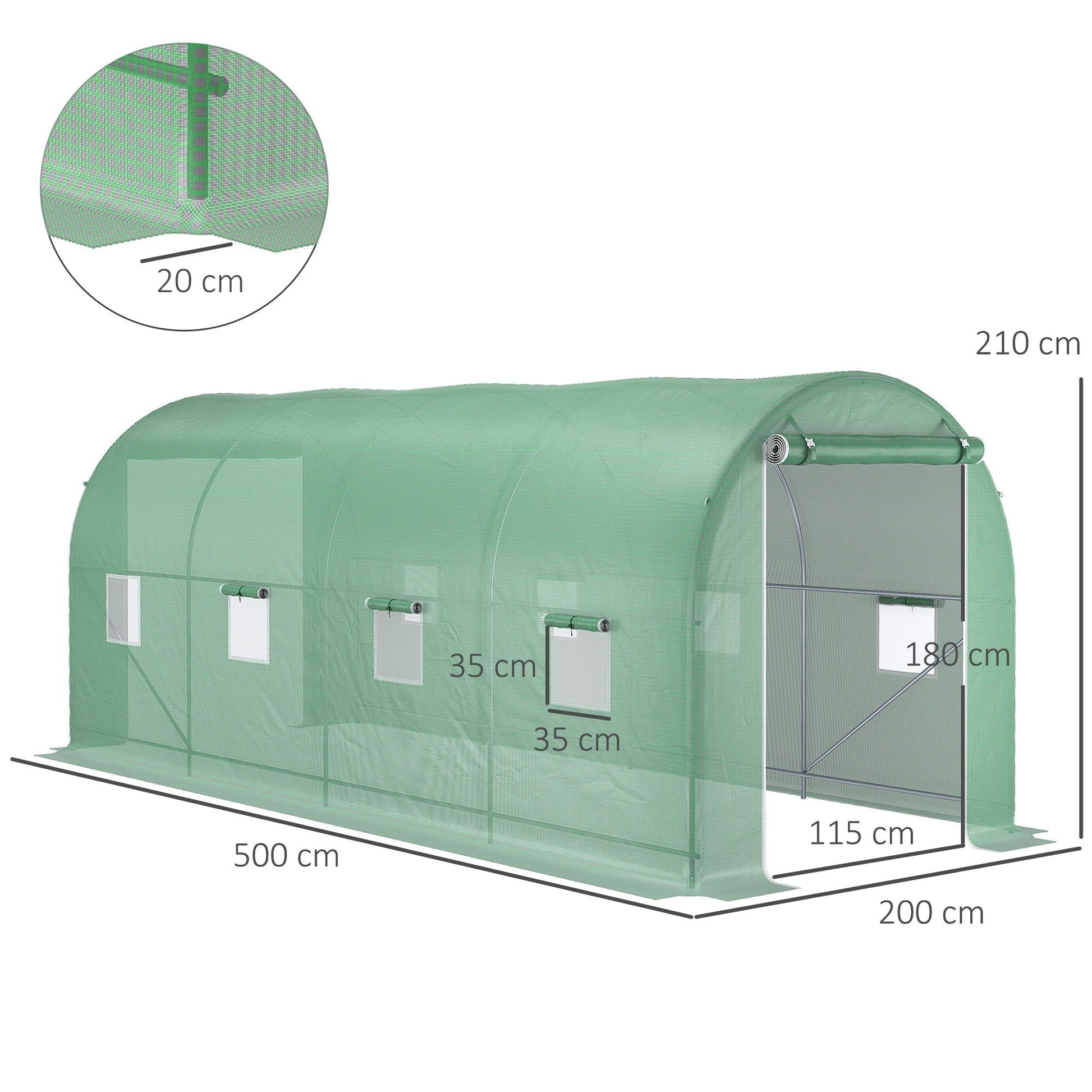 Outsunny green tunnel greenhouse 8 windows and roller shutters 500x200x210cm - Borgè