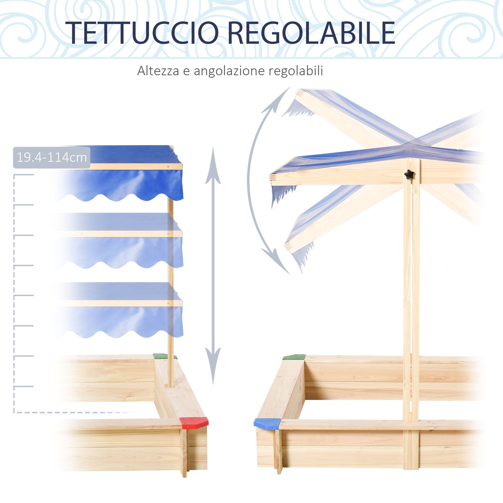 Outsunny Sabbiera For Children in Wooden Bench With Bench Adjustable Parasoles, 120x120x120cm - Borgè