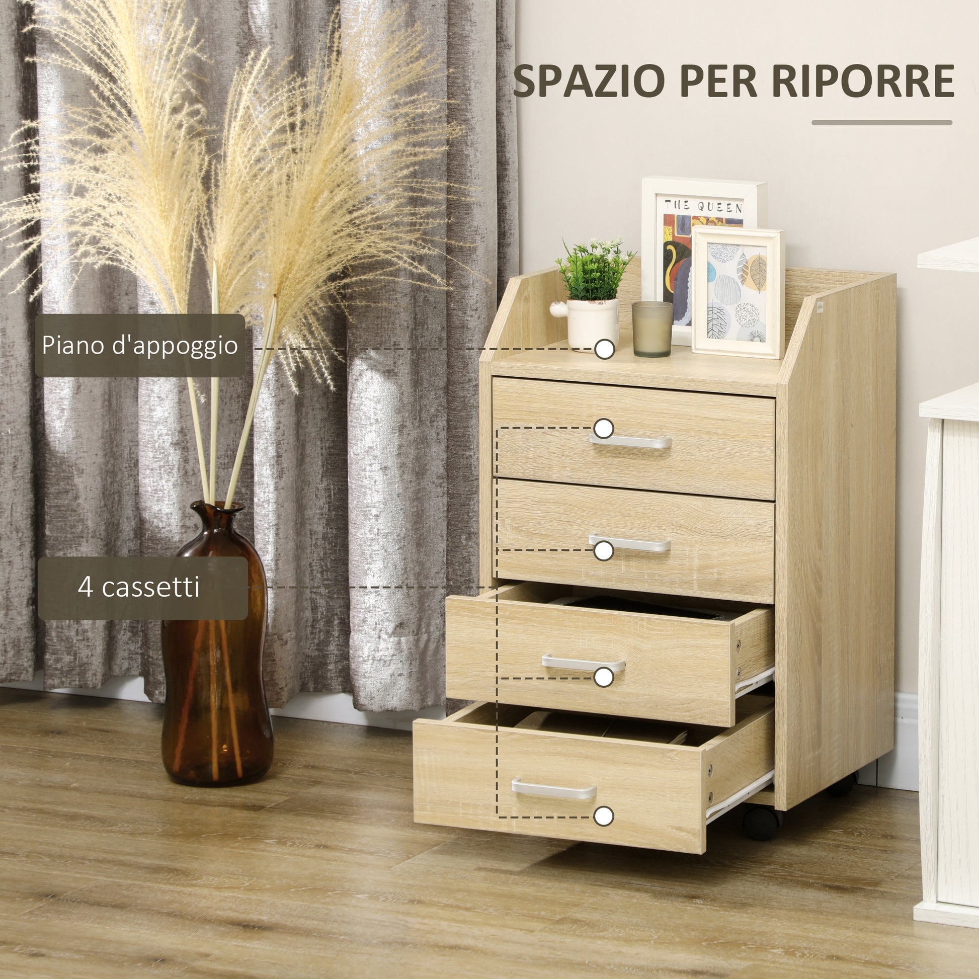 Wooden designer winner with 4 drawers, wheels and raised edges, 40x36x65cm, natural wood - Borgè