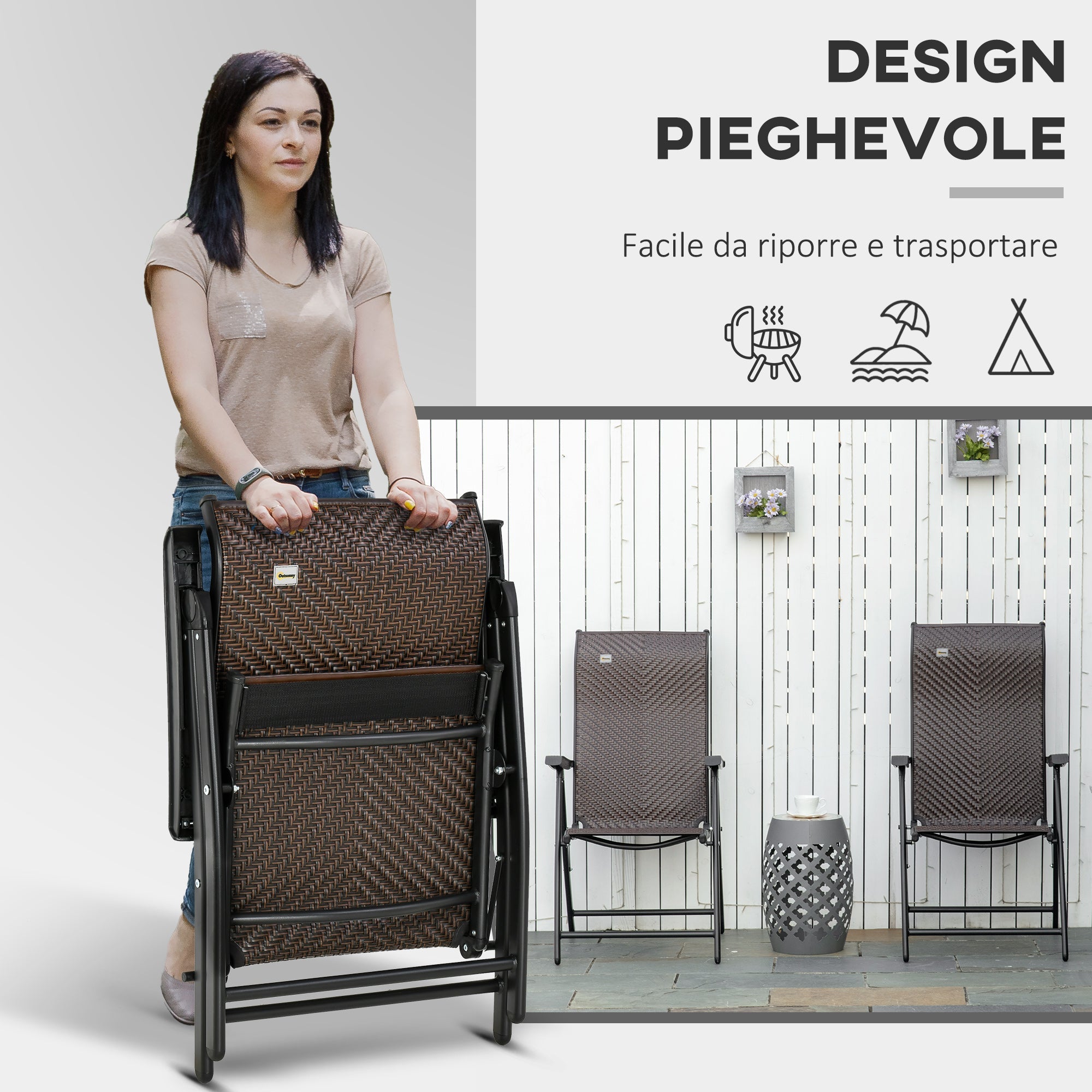 Set of 2 Folding PE Rattan Garden Chairs, 7-Position Backrest, 71x58x111cm - Borge' Group Limited