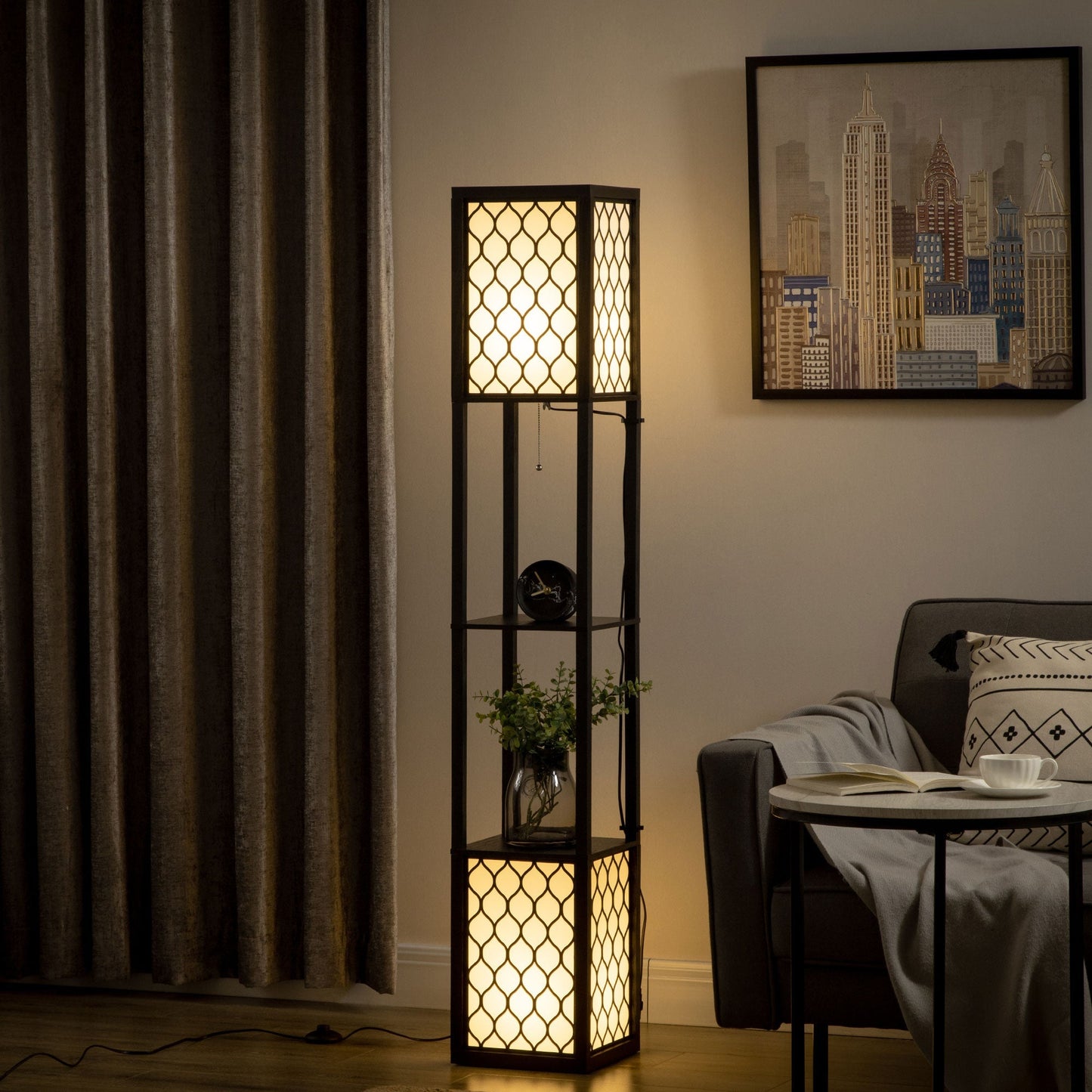 column ground lamp in mdf and plastic with 2 shelves, for living room, study and bedroom, 26x26x156 cm - Borgè