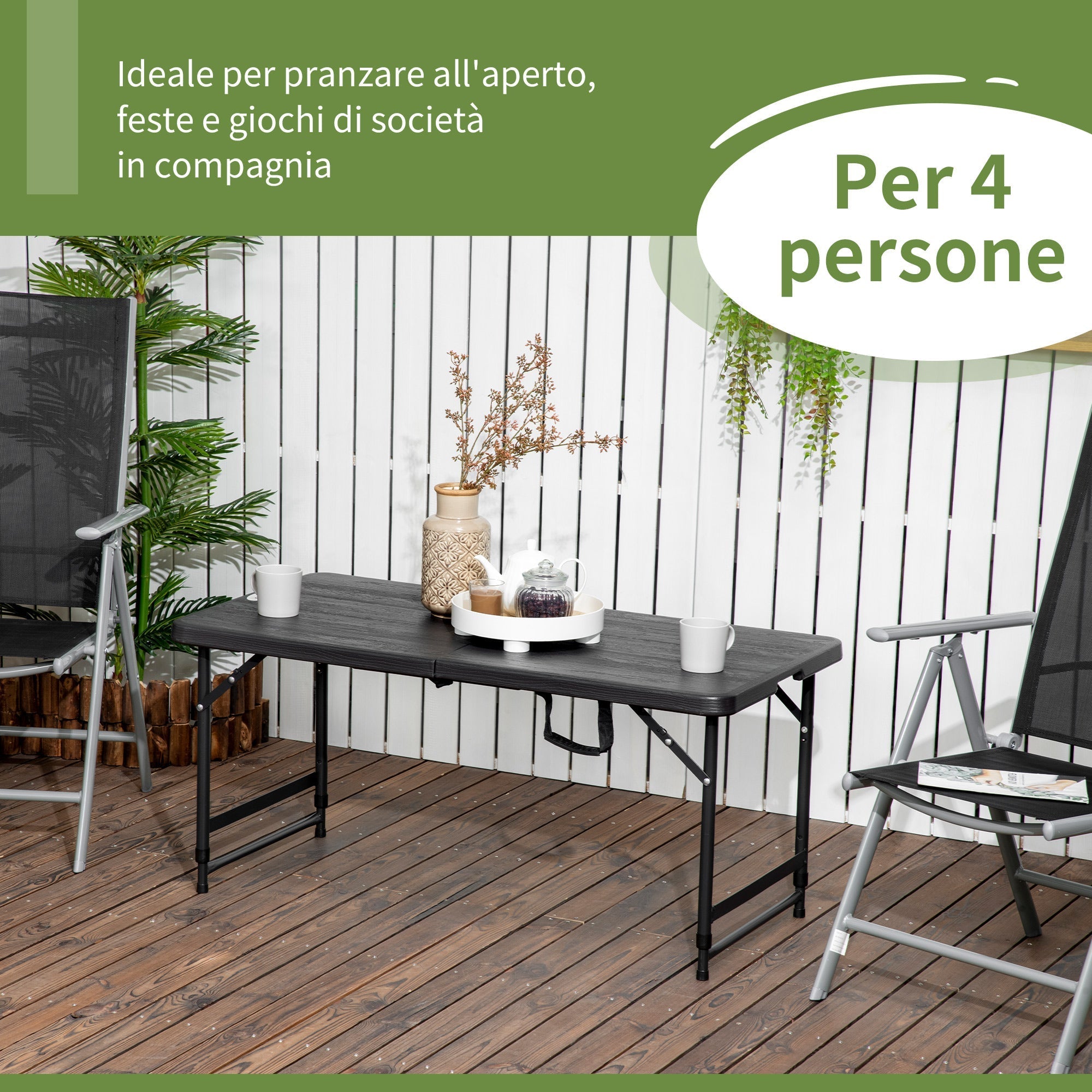 Folding Garden Table for 4 People with Adjustable Height, in Steel and HDPE, 118x60x74 cm - Borge' Group Limited