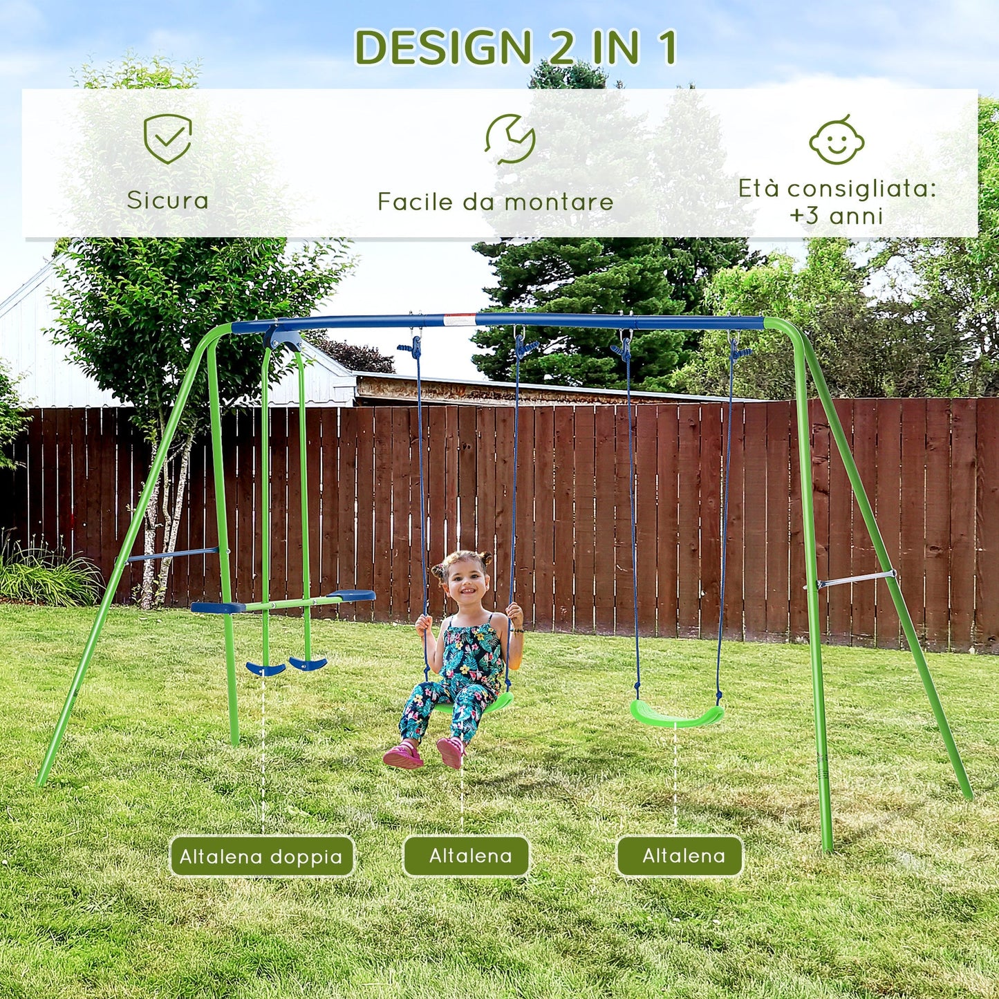 Outsunny Garden Set Set for 4 children, 1 double swing and 2 single swing, weight capacity 45kg (swing) 180kg (total), 280x140x178cm - Borgè