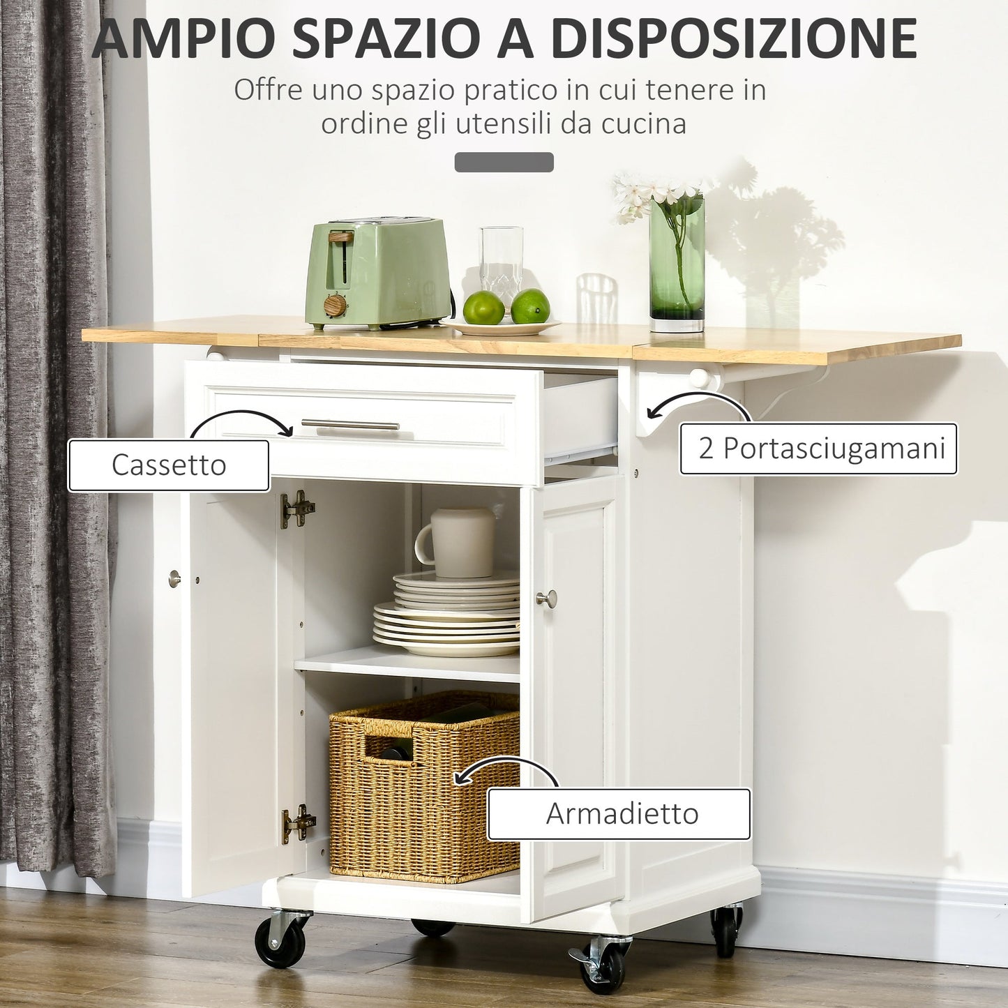 White Wood Expandable Kitchen Trolley - Borgè