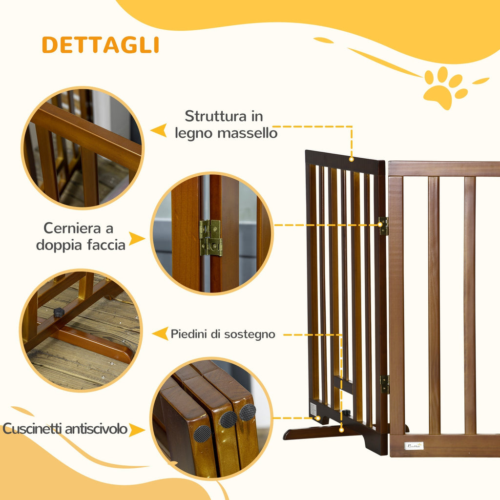 3 Panel Folding Dog Gate with Non-Slip Feet for Hallways, Stairs and Rooms, Pine Wood, 181x35x76 cm, Dark Brown - Borge' Group Limited