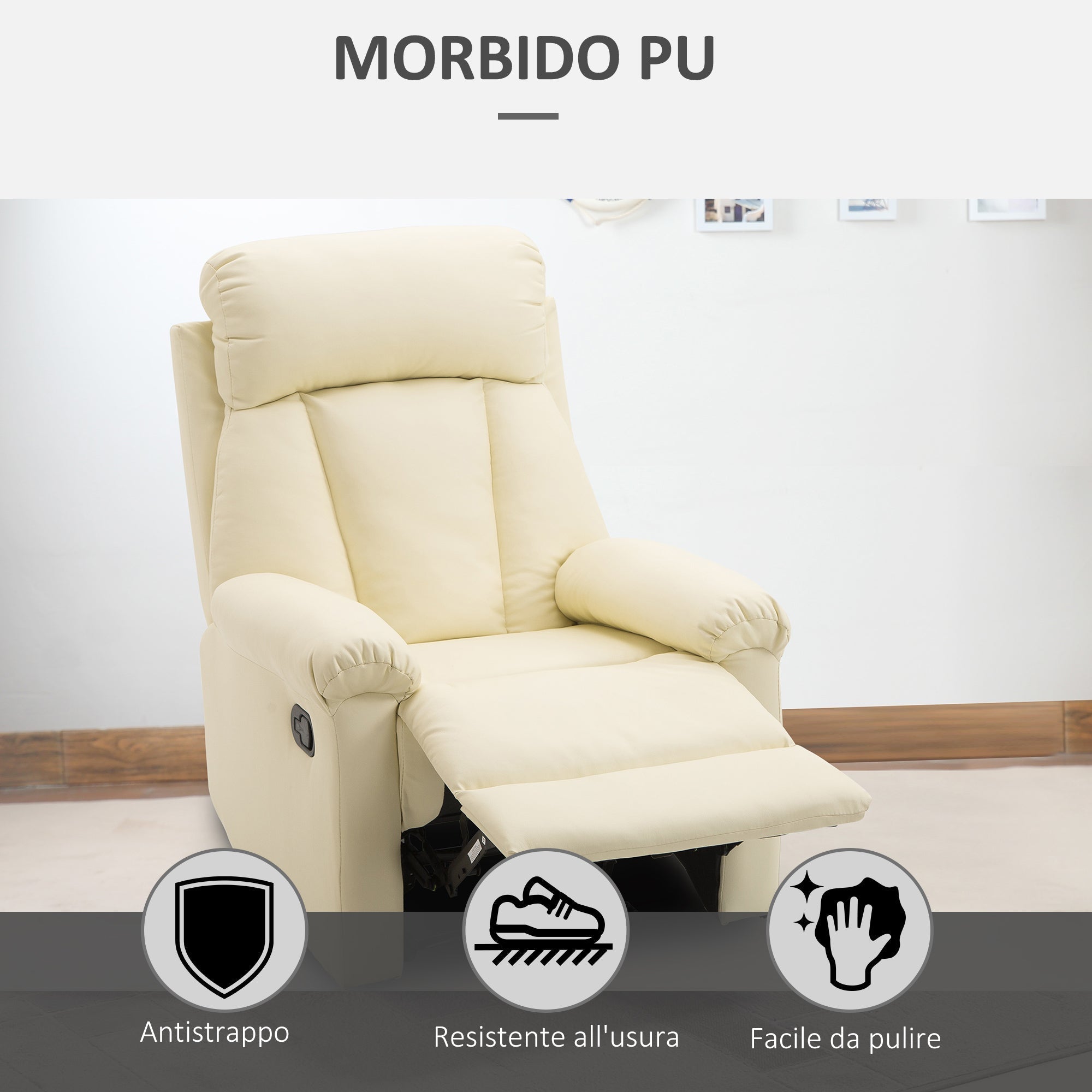 Ergonomic padded Relaxable Relaxable Armchair With SimilPel Poglipies 80 x 97 x 107cm Cream - Borgè