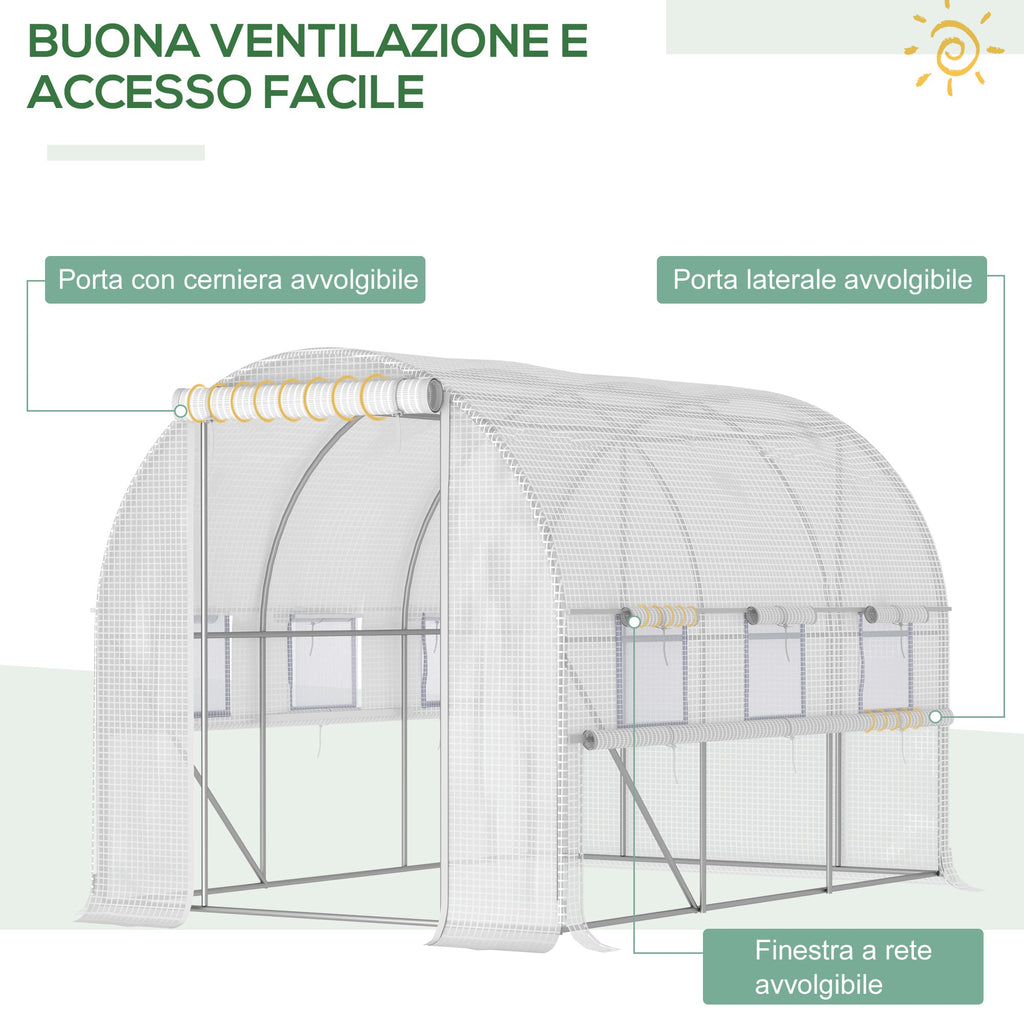 3x2x2m Steel Greenhouse with PE Cover, Zip Doors and Mesh Windows, White - Borge' Group Limited