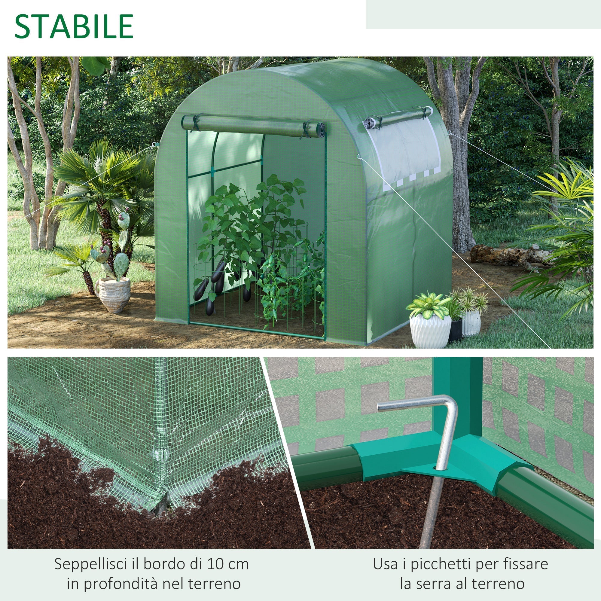 Greenhouse Tunnel Garden Greenhouse with Roller Doors and Windows in Green PE, 180x180x200cm - Borge' Group Limited