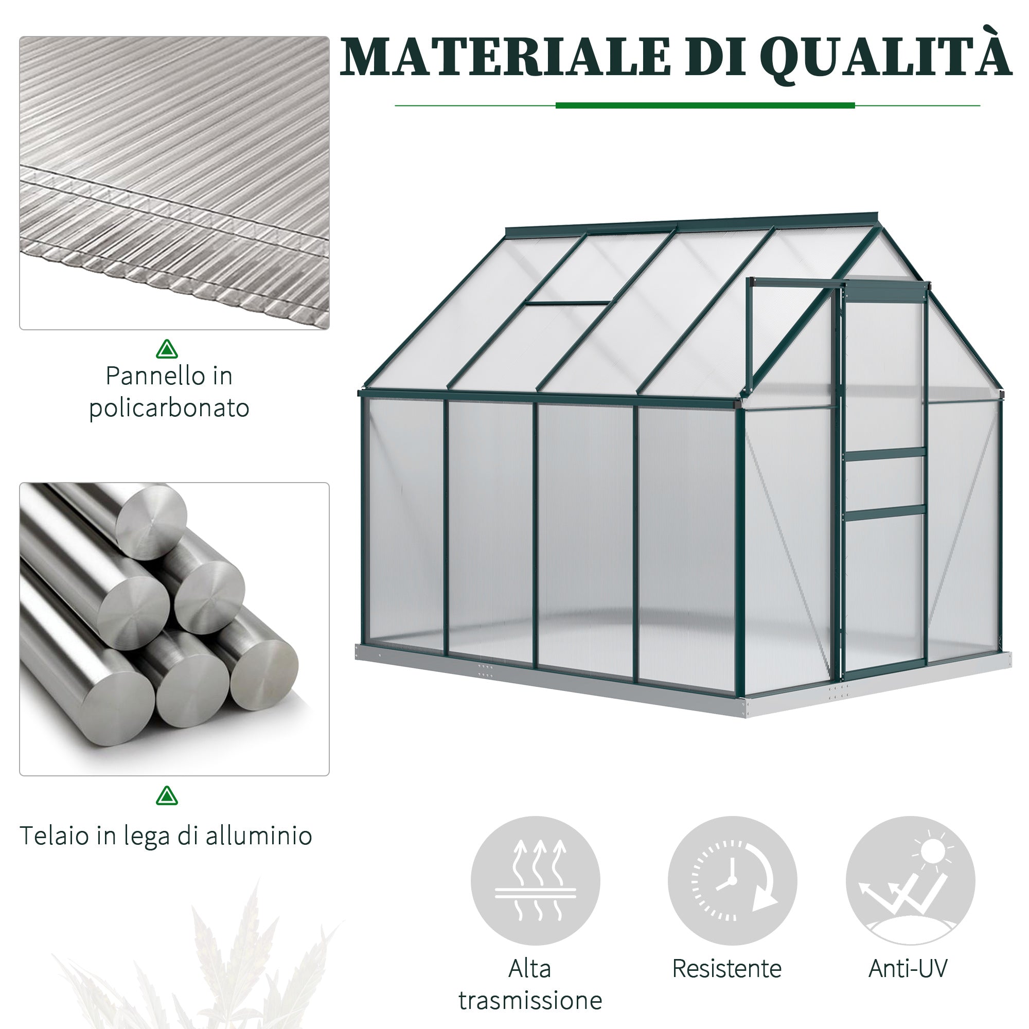 Garden Greenhouse in Polycarbonate, Metal and Aluminum, Anti-UV and Windproof, 190x253x199cm, Green - Borge' Group Limited