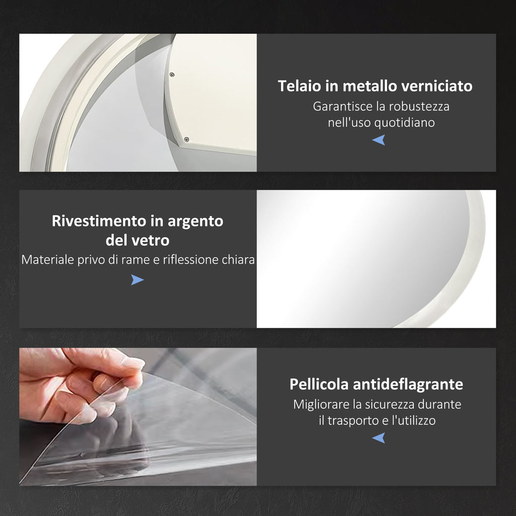 kleankin Round Bathroom Mirror with LED Lights, Wall-Mounted Dimmable Makeup Mirror with 3 Temperature Colours, Defogging Film, Memory Function, Hardwired, 70 x 70 cm - Borgè