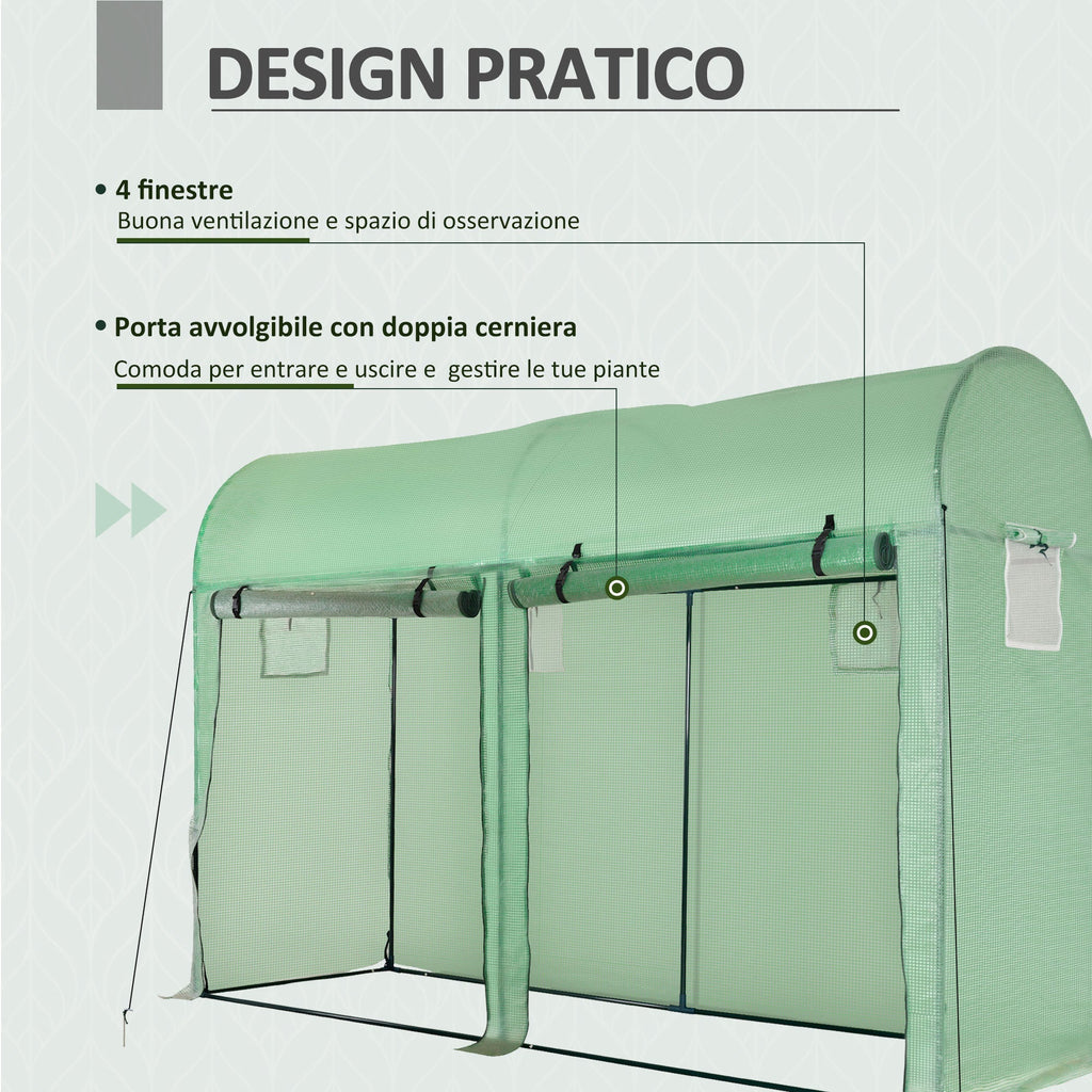 Garden Tunnel Greenhouse for Plants and Vegetables, Balcony Greenhouse with 2 Roller Doors and 4 Windows, PE Cover Steel Structure, 3x1x2m - Borge' Group Limited