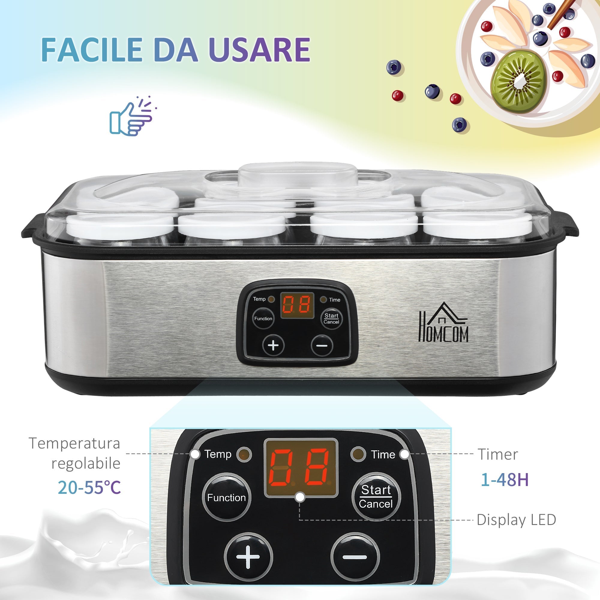 Electric Yogurt Maker with 8 Jars Included, Timer 1-48 Hours and Adjustable Temperature 20-50°C, 36x18.8x14cm, Silver - Borgè