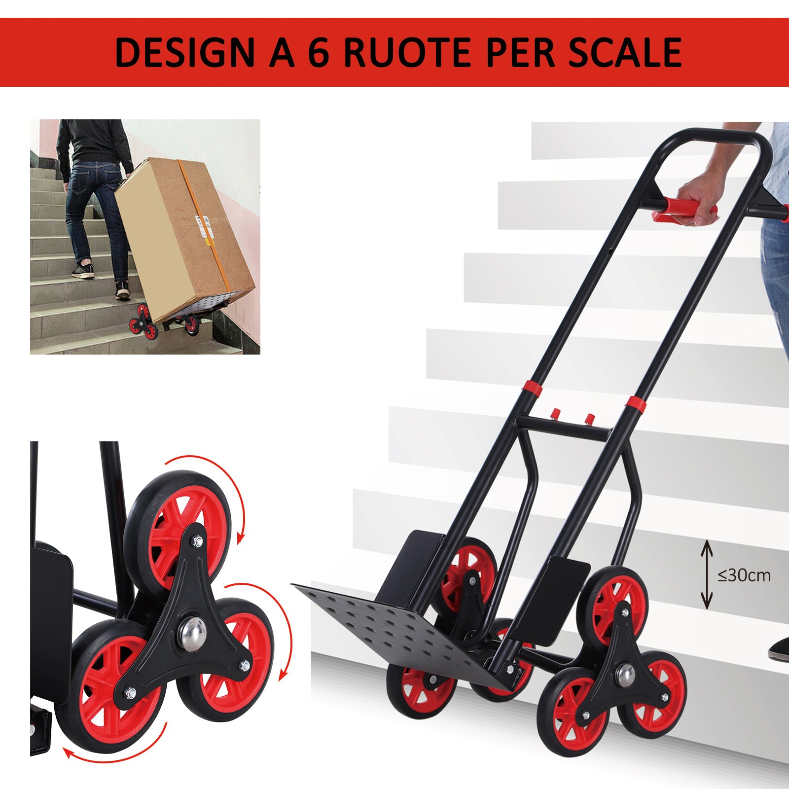 Durhand Trolley heavy loading lugs folding metal with 6 wheels for maximum loading stairs 150kg - Borgè