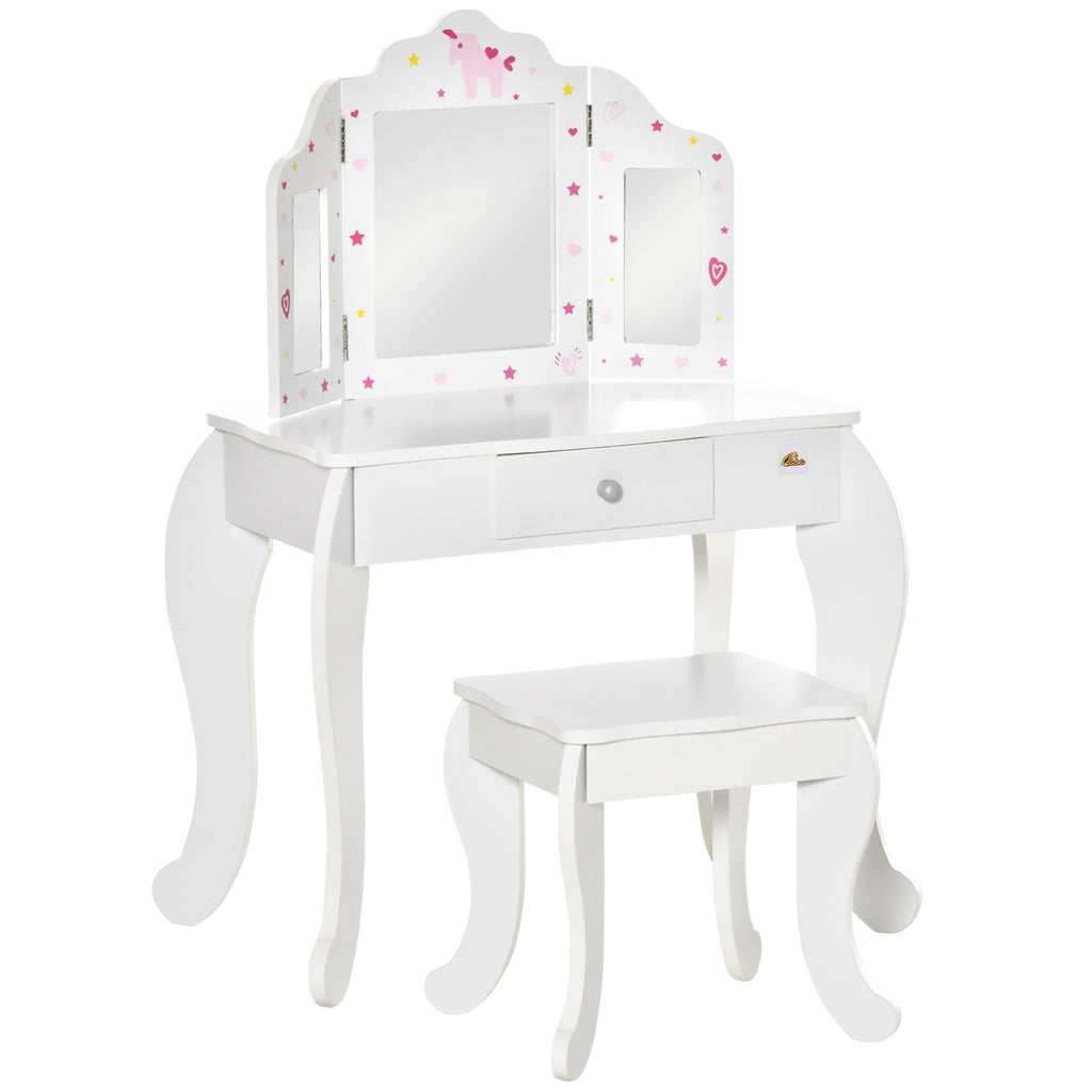 Vanity Table for children with wooden stool, makeup table with triple mirror and drawer, 63x40x85.5cm - Borgè