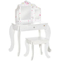 Vanity Table for children with wooden stool, makeup table with triple mirror and drawer, 63x40x85.5cm - Borgè