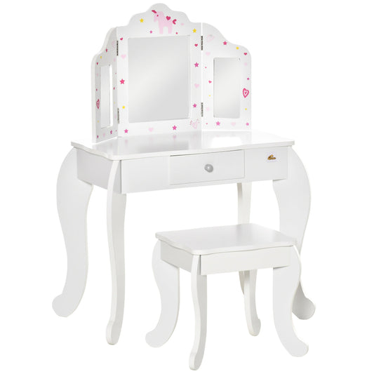 Vanity Table for children with wooden stool, makeup table with triple mirror and drawer, 63x40x85.5cm - Borgè