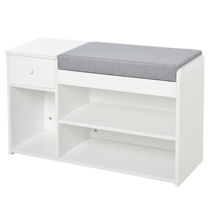 Bench Shoeing with pillow, drawer and 3 open in wooden rooms, 81x31.5x49cm, white - Borgè