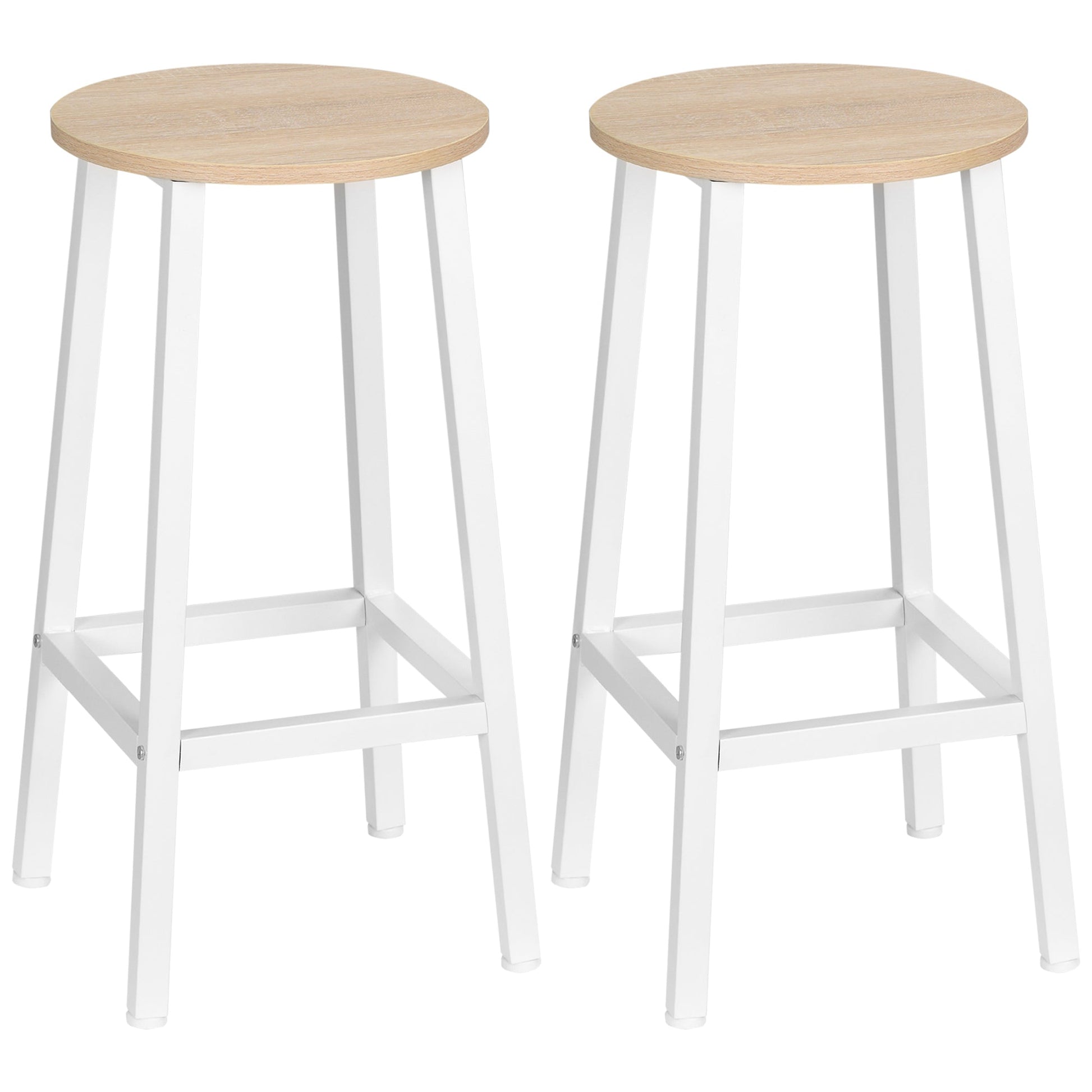 set 2 kitchen stools in chipboard and steel with smooth top and footrests, 32.5x32.5x65 cm, white and wood - Borgè