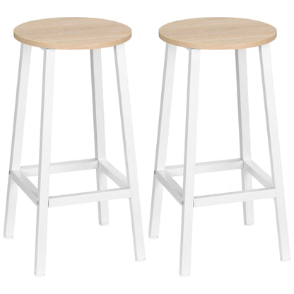 set 2 kitchen stools in chipboard and steel with smooth top and footrests, 32.5x32.5x65 cm, white and wood - Borgè