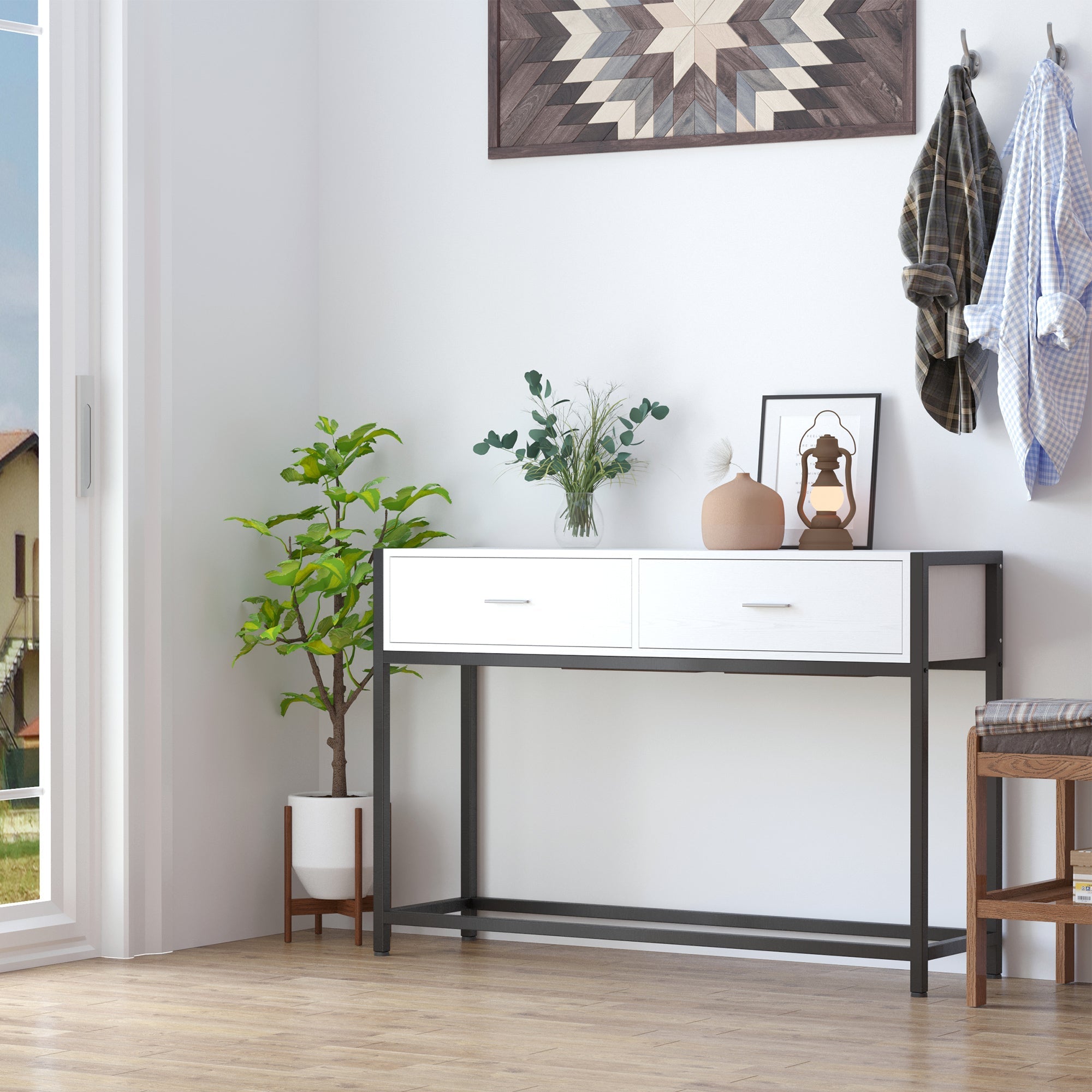 table console for entrance with 2 drawers in white wood and black metal - Borgè
