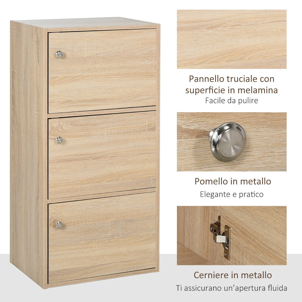 Multiuse cabinet with 3 wooden shelves and 3 doors for home or office 48 x 34 x 100cm - Borgè