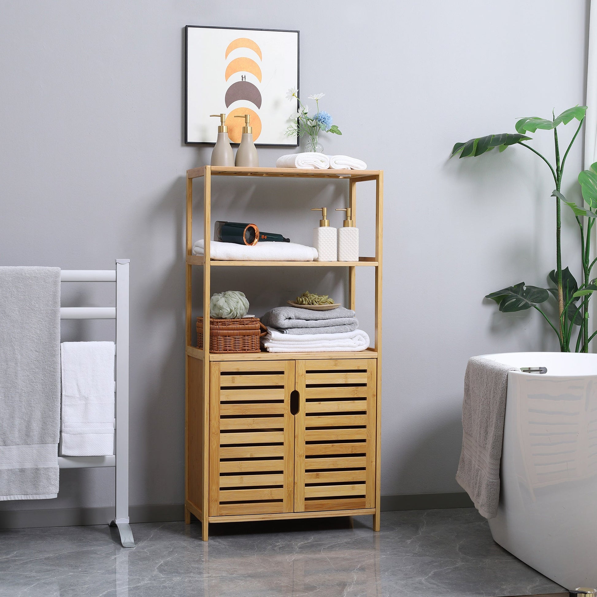 Kleankin Bathroom Cabinet with 2 open shelves and 2 -doors in bamboo 2 60x30x120cm - Borgè