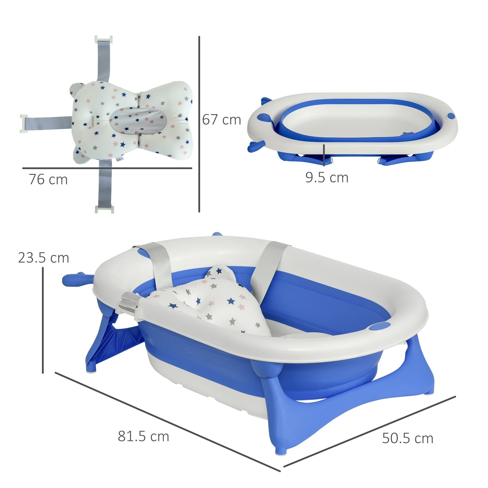 Folding bath tray for children 0-3 years with temperature and pillow indicator, 81.5x50.5x23.5 cm, blue - Borgè