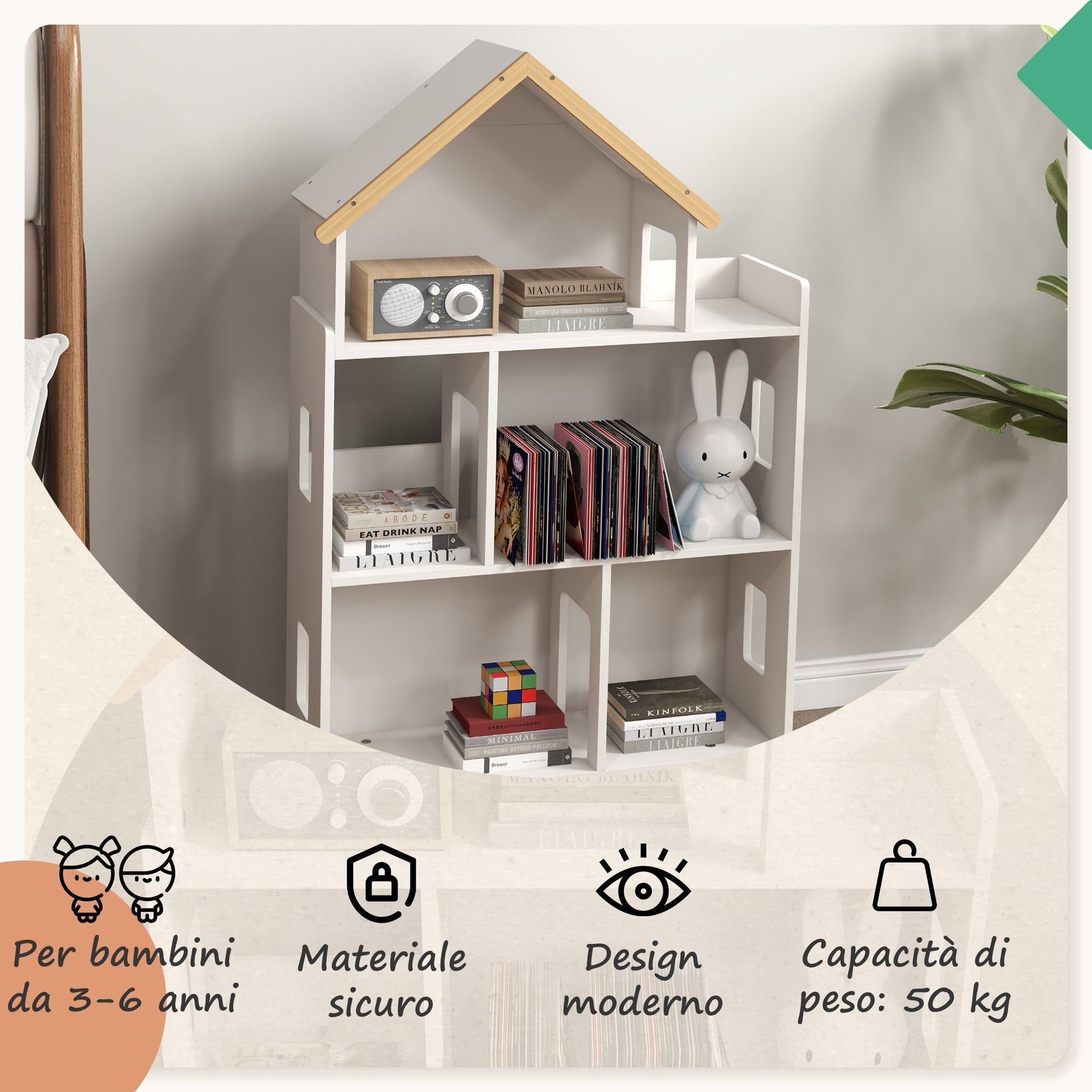 Zonekiz Library for children 3-6 years at 3 levels for books and games, in mdf and pine wood, 65x25x108.5 cm, white - Borgè