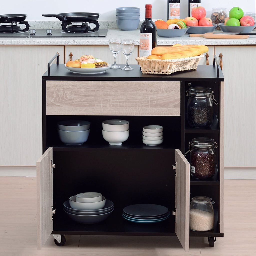 Kitchen Cabinet with drawers and wooden wheels, oak and black 76.5x40x82cm - Borgè