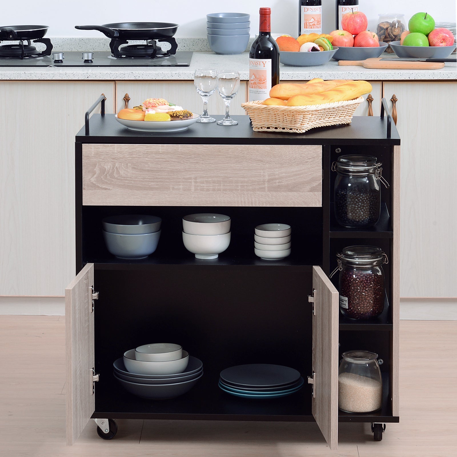 Kitchen Cabinet with drawers and wooden wheels, oak and black 76.5x40x82cm - Borgè