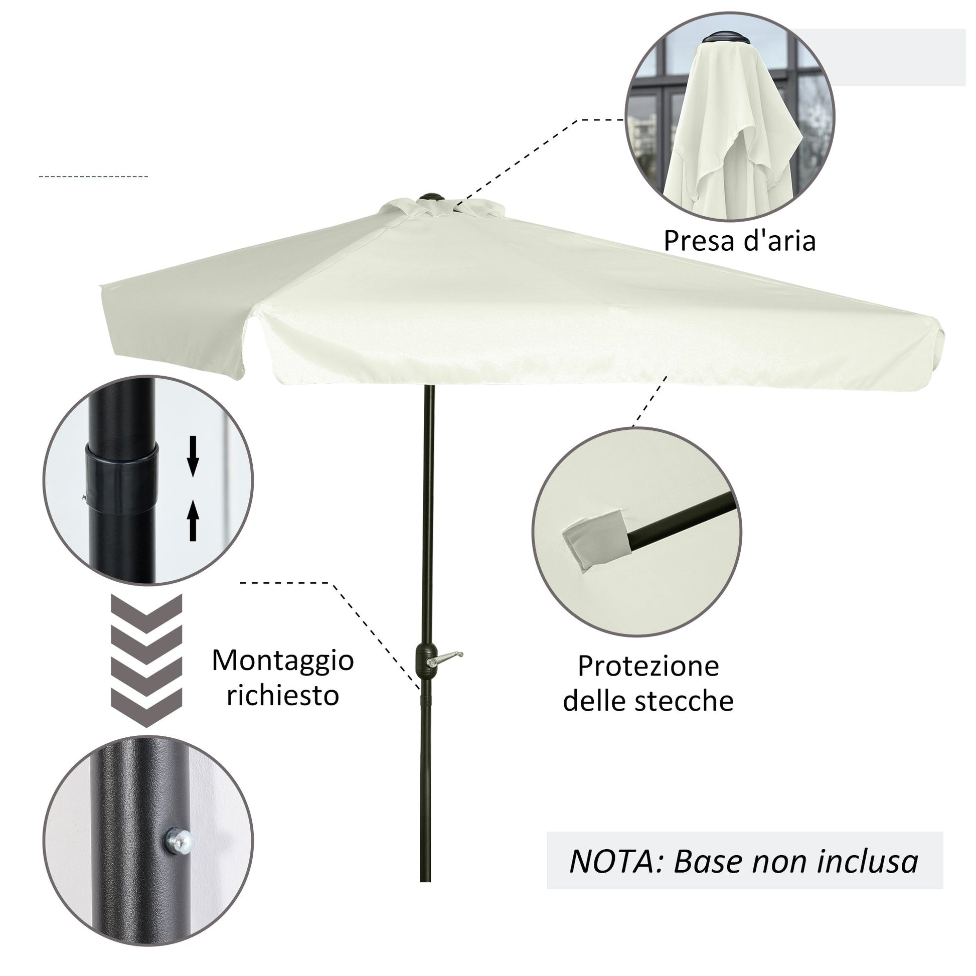 Outsunny semicircular umbrella from terrace and garden with crank, 230x130x249cm, cream - Borgè