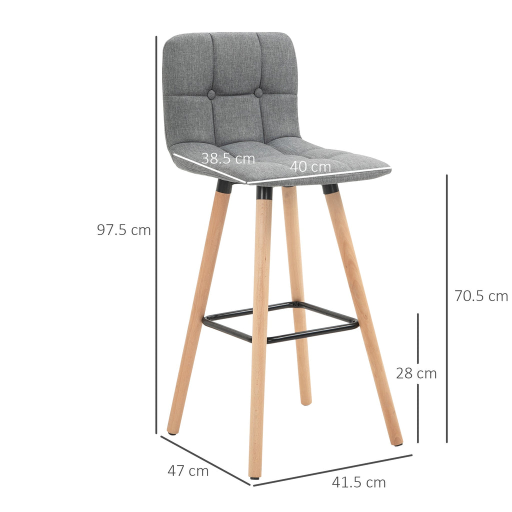 Set 2 bar stools with back and footrests, padded seat in fabric and wooden legs - Grey - Borgè