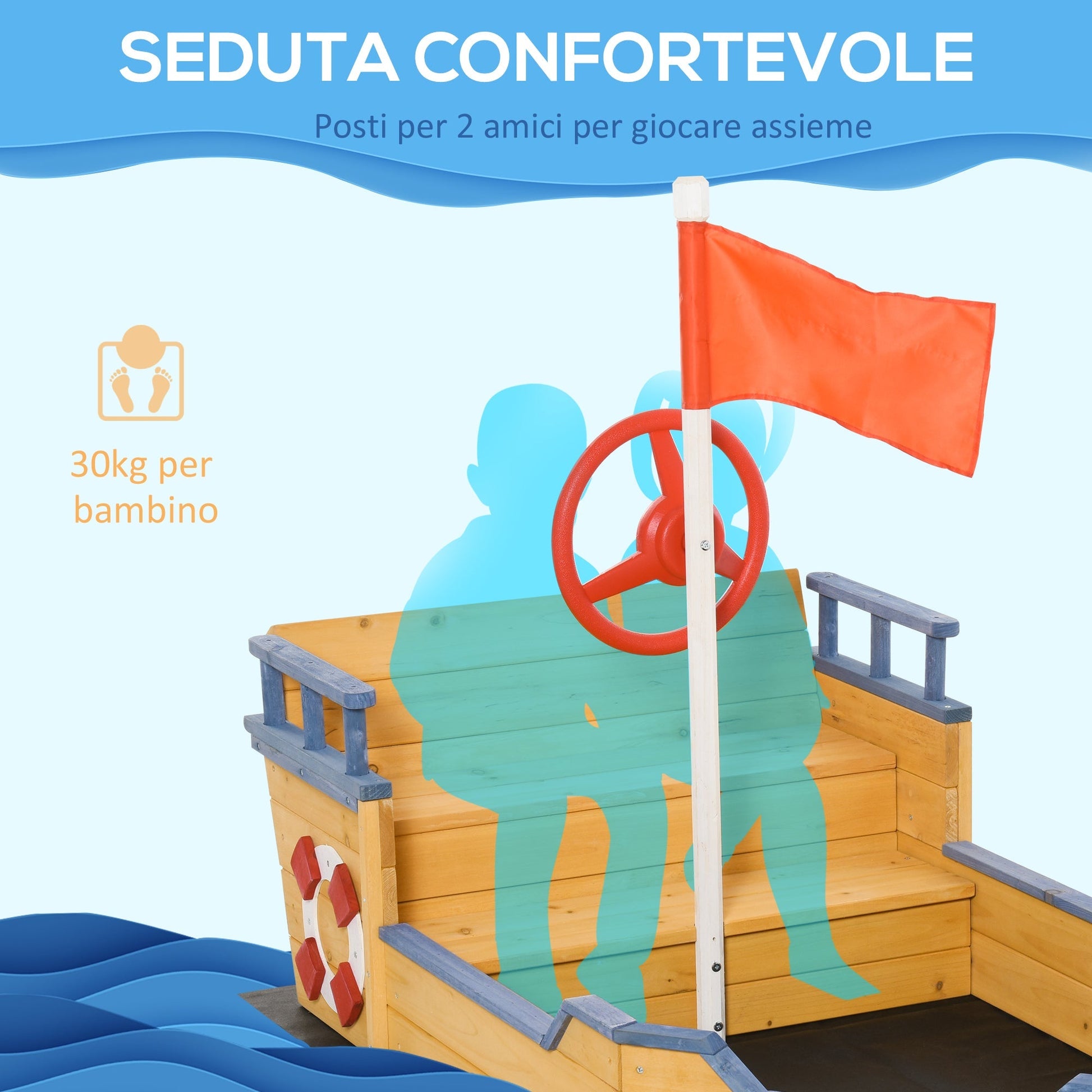 Outsunny Sabbiera for Children in Wooden Shaped Pirates with container compartment, 158x78x45.5cm - Borgè