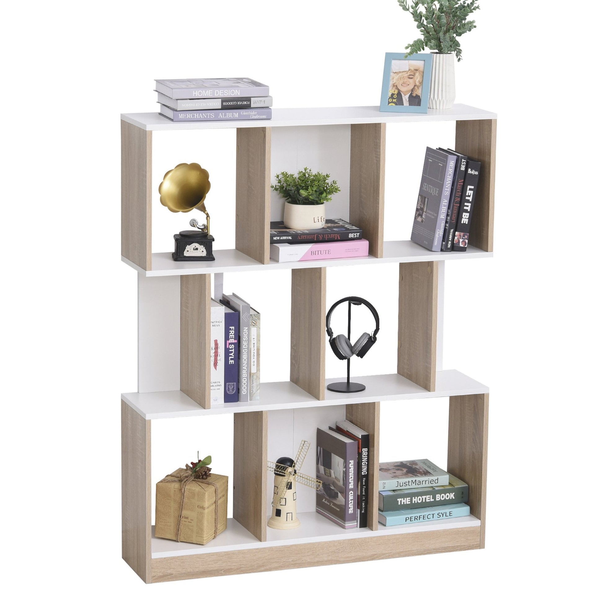 Homonda Modern Wall Library in Wooden, 8 shelves for living room and rooms, oak and white - Borgè