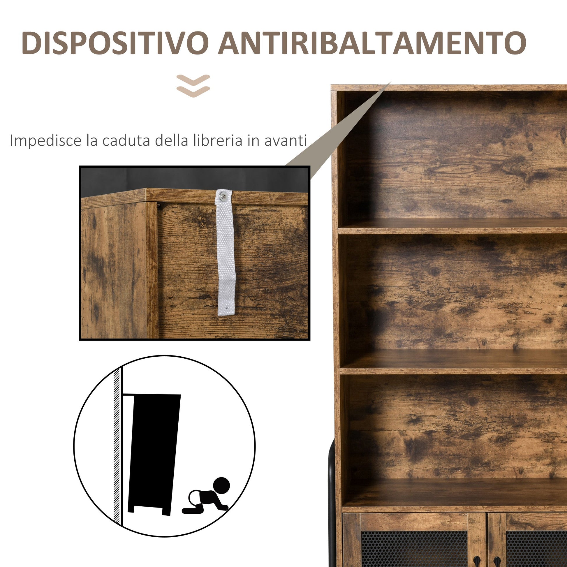 Mobile Library Industrial Design with shelves and cabinet in wood and metal, brown and black, 81x40x160cm - Borgè