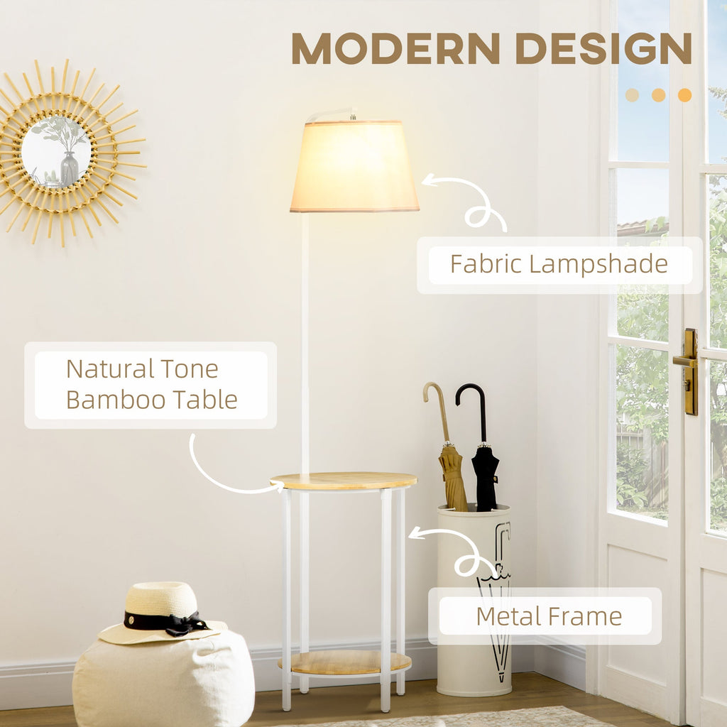 Modern Earth lamp with 2 levels table for living room and bedroom, in linen effect fabric, bamboo and steel, Ã˜37x162 cm - Borgè