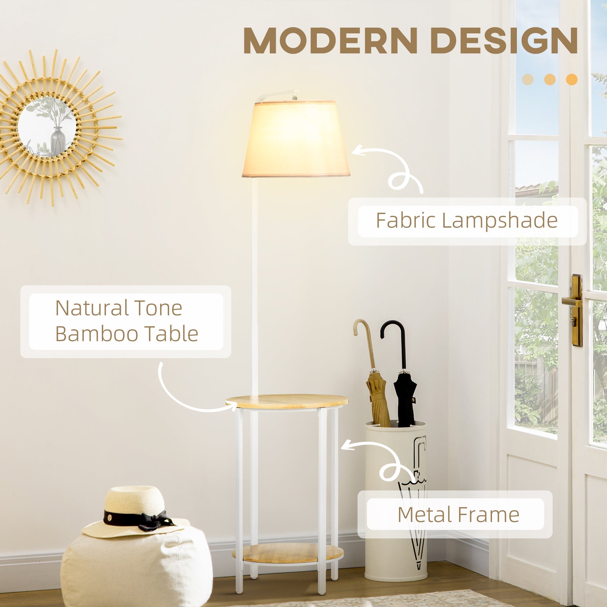 Modern Earth lamp with 2 levels table for living room and bedroom, in linen effect fabric, bamboo and steel, Ã˜37x162 cm - Borgè