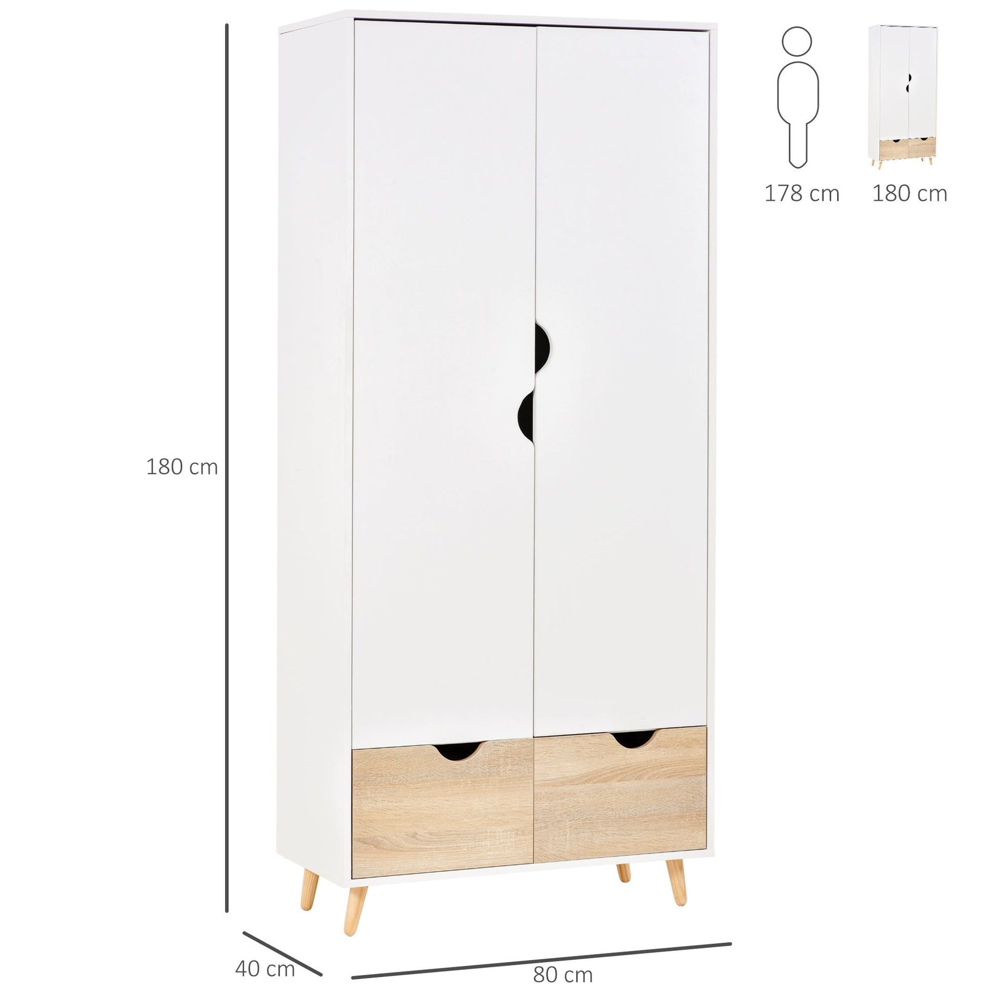 wardrobe with two wooden doors with 1 shelf and 2 drawers with white carved handles - Borgè