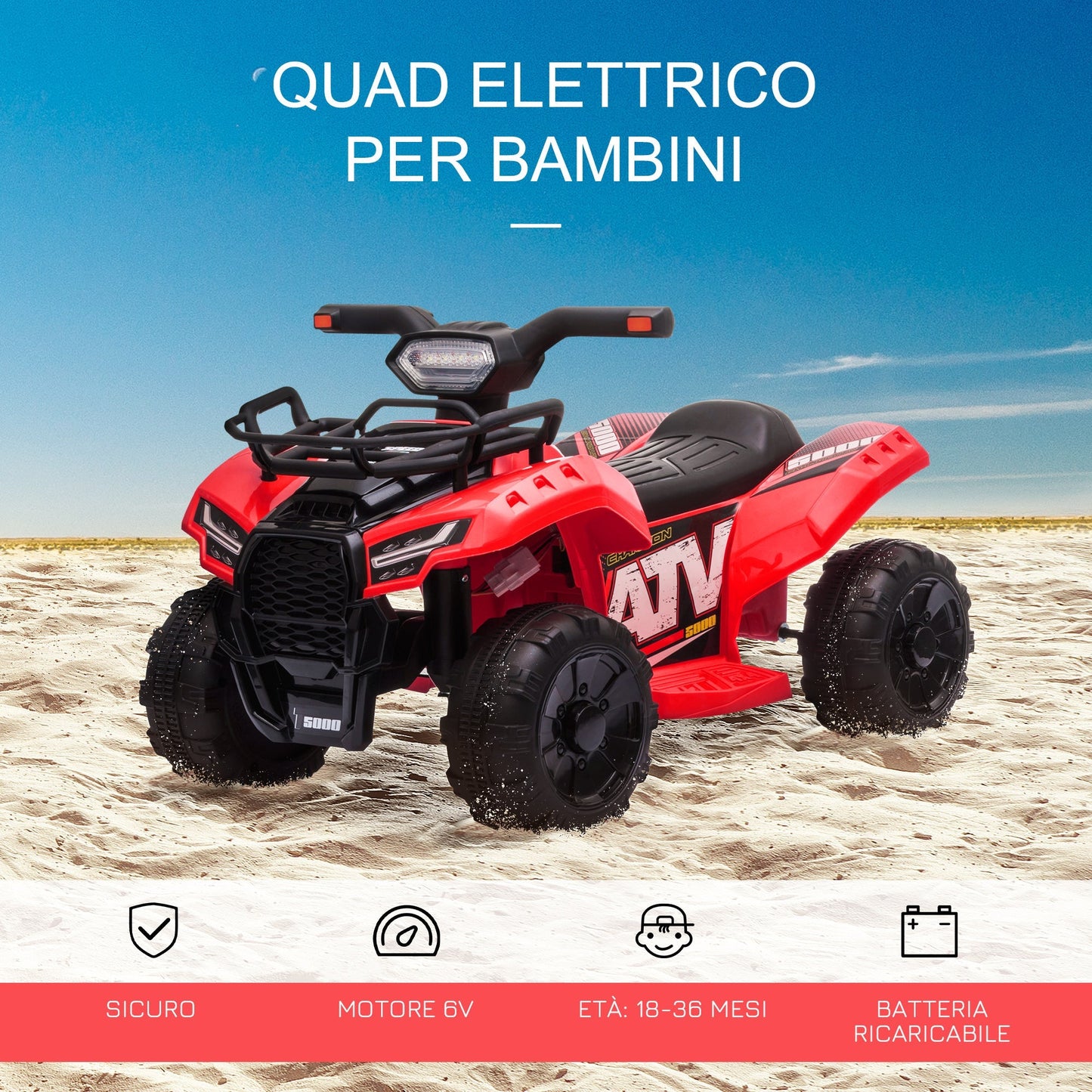 Quad electric for children with 6V rechargeable battery, accelerator button, age 18-36 months, 70x42x45cm, red - Borgè