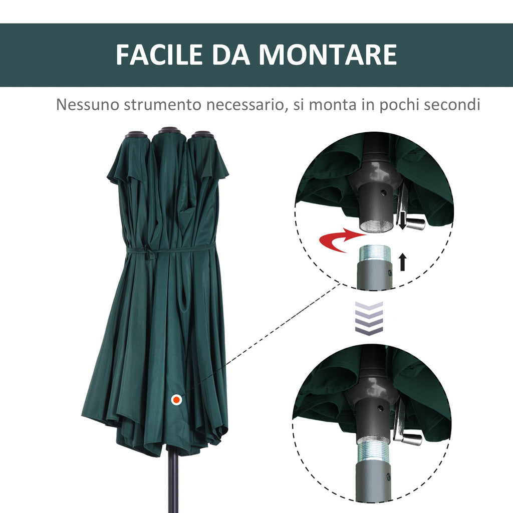 Double Garden Umbrella with Crank Opening, in Steel and Polyester, 455x265x238cm, Dark Green - Borge' Group Limited