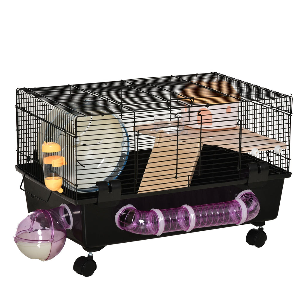 Hamster Cage with House, Tunnel and Wheel, Base with 4 Wheels, 60x35x38.5cm, Black and Brown - Borge' Group Limited